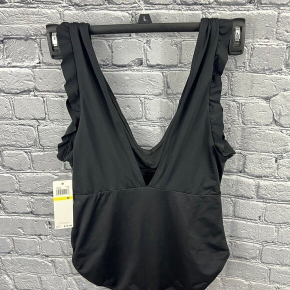 Catalina Swimwear Black 1 Piece Swimsuit Size M Ruffle Smocked Deep Plunge NWT - Picture 7 of 12